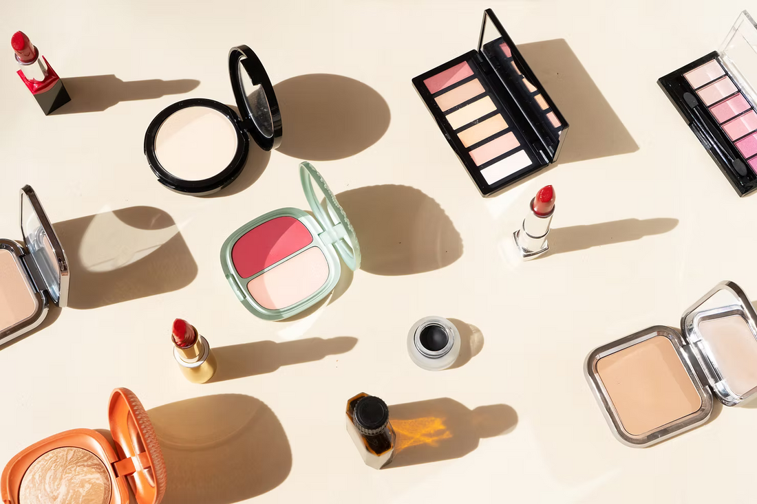 Assorted cosmetics laid out, alert for hidden animal-derived ingredients