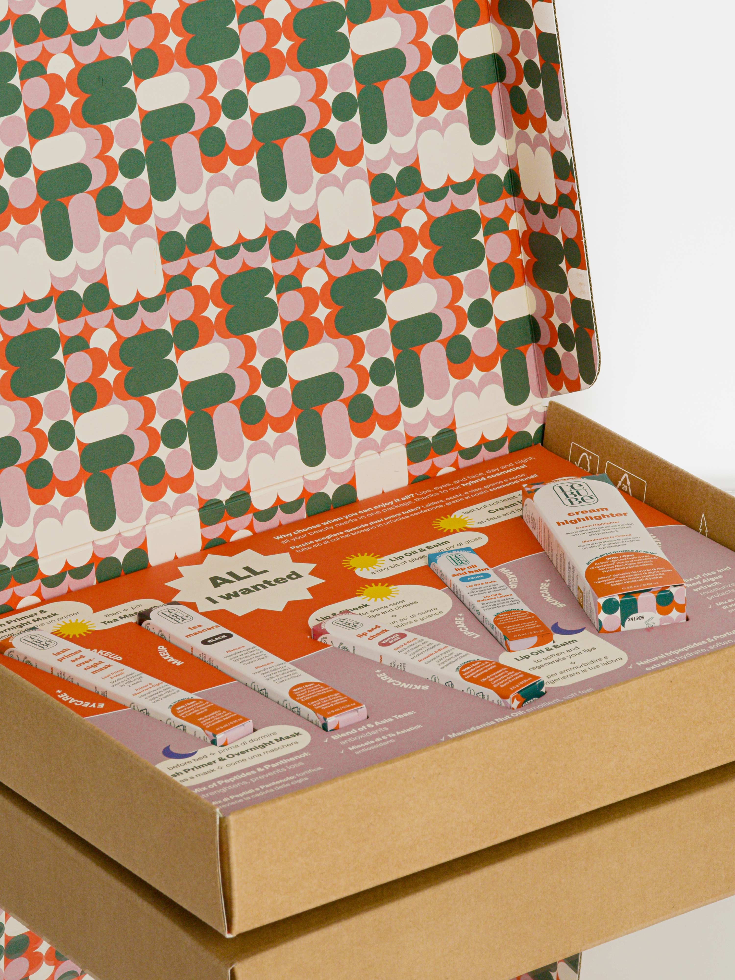 Makeup set featuring all five vegan, natural and Halal hybrid cosmetics by Lebubè made in Italy with upcycled ingredients.