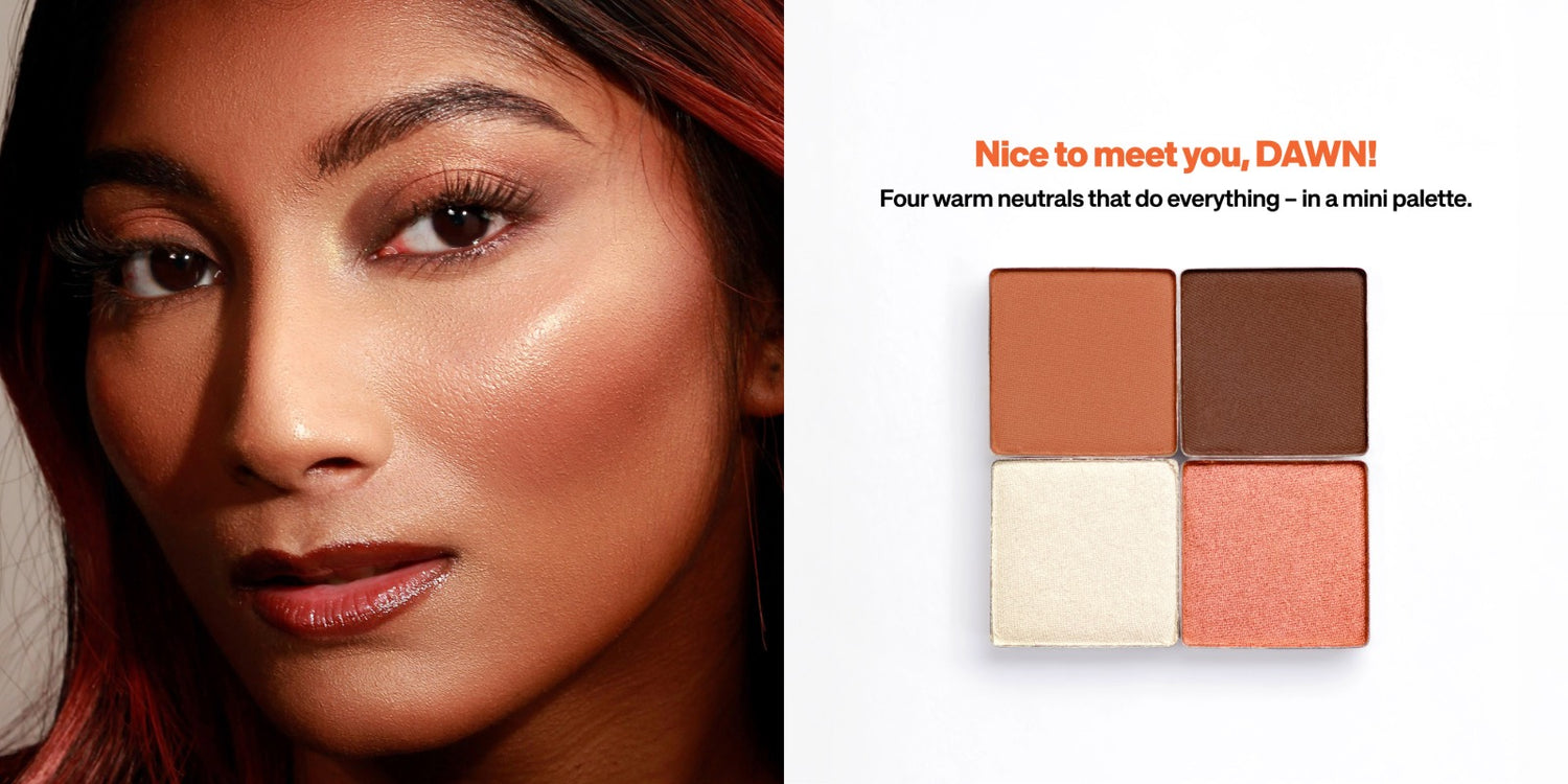 Close-up of a woman's face wearing Lebubè warm eyeshadows and text introducing the eyeshadow palette