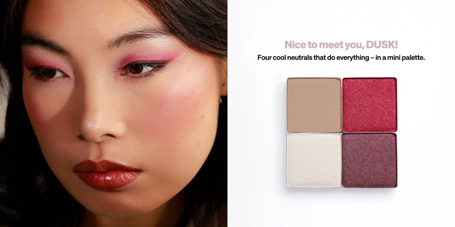 Close-up of a woman's face wearing Lebubè cool eyeshadows and text introducing the talc free cool neutral eyeshadow palette