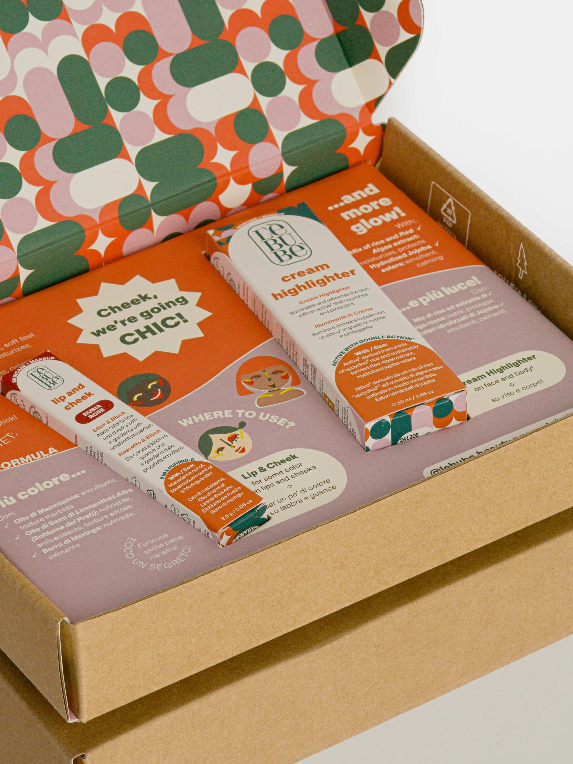 Lebubè cheek makeup set for glowing cheeks, with Lip and Cheek, doubling as a blush, and Cream Highlighter for glowing look.