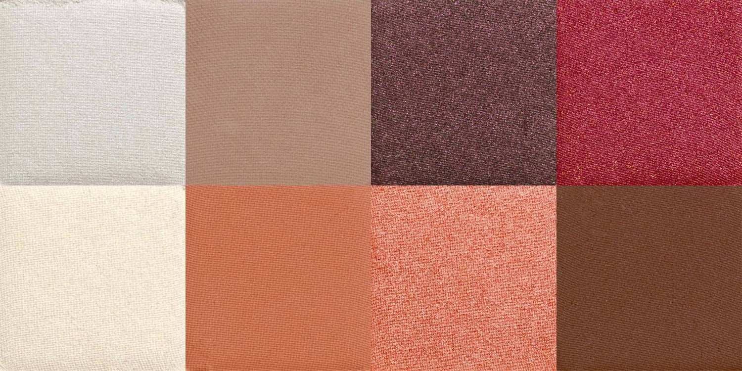 Close up of eight eyeshadows from the new Lebubè Halal talc free vegan eyeshadow palettes with warm and cool neutral shades