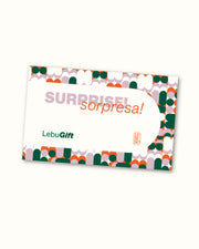 Gift card with 'Surprise!' text and Lebubè branding on a white background, to gift Lebubè Halal makeup with skincare benefits