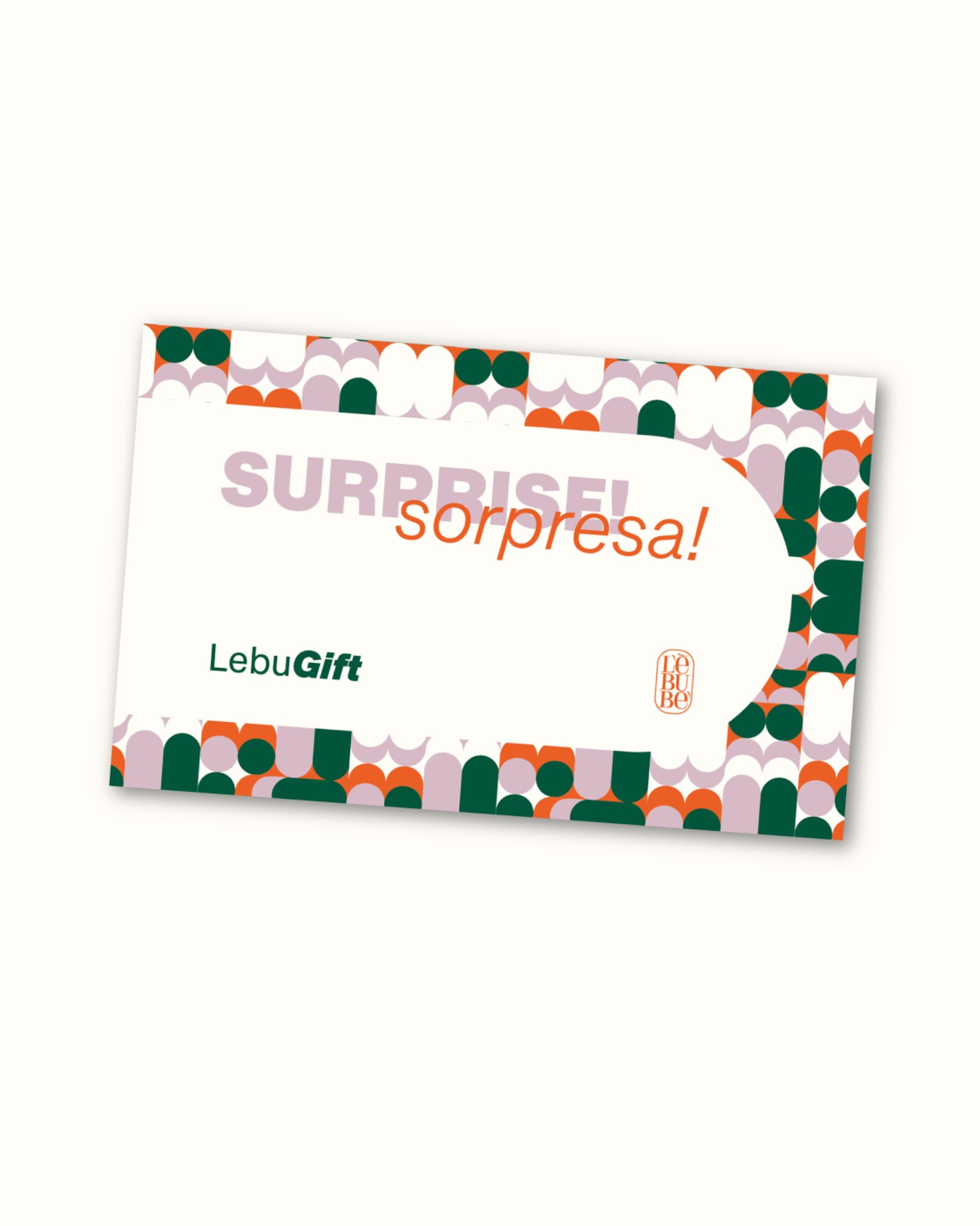 Gift card with 'Surprise!' text and Lebubè branding on a white background, to gift Lebubè Halal makeup with skincare benefits