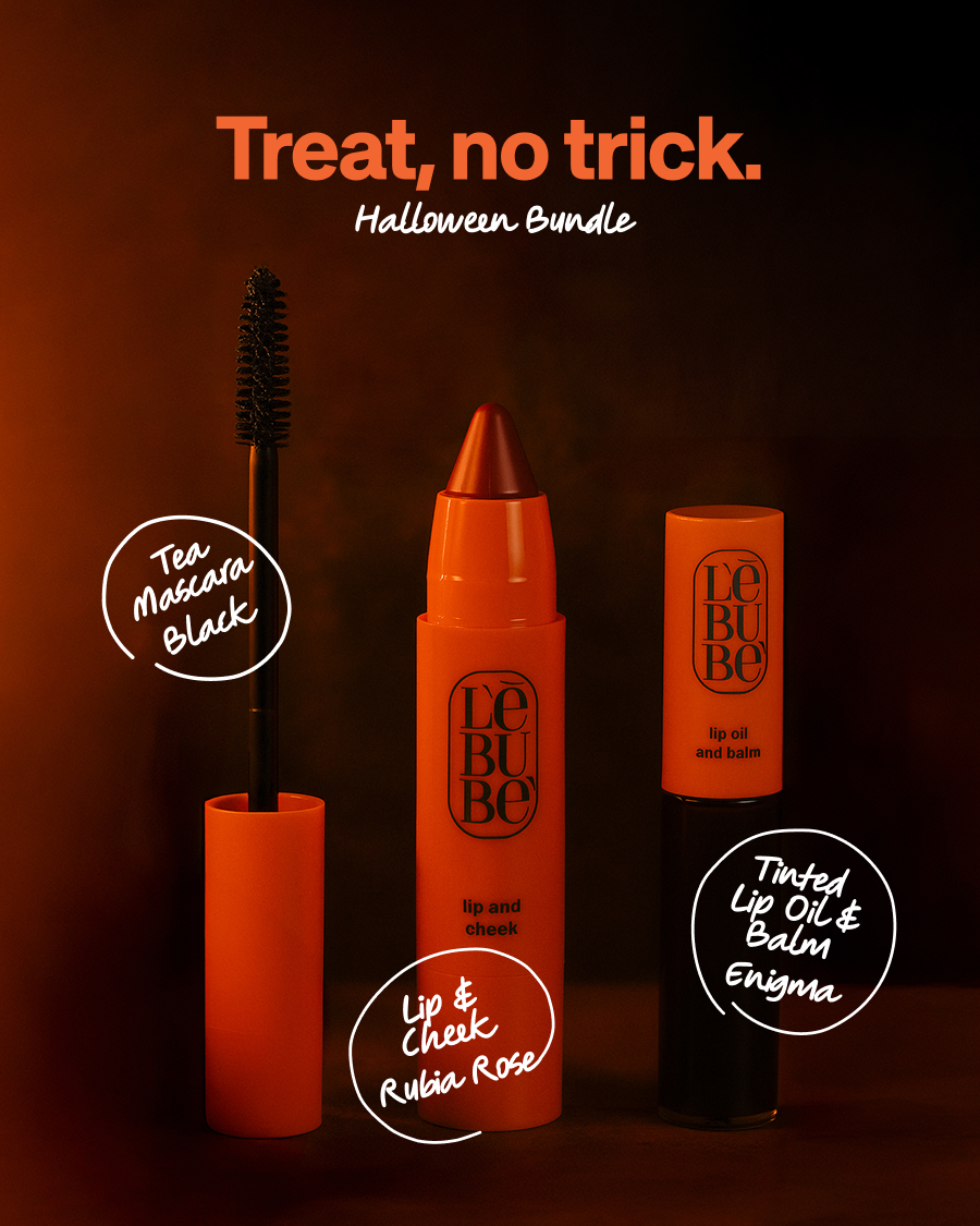 3 Lebubè hybrid cosmetics part of the Halloween bundle: Lip and Cheek, Tinted Lip Oil, volumizing black mascara