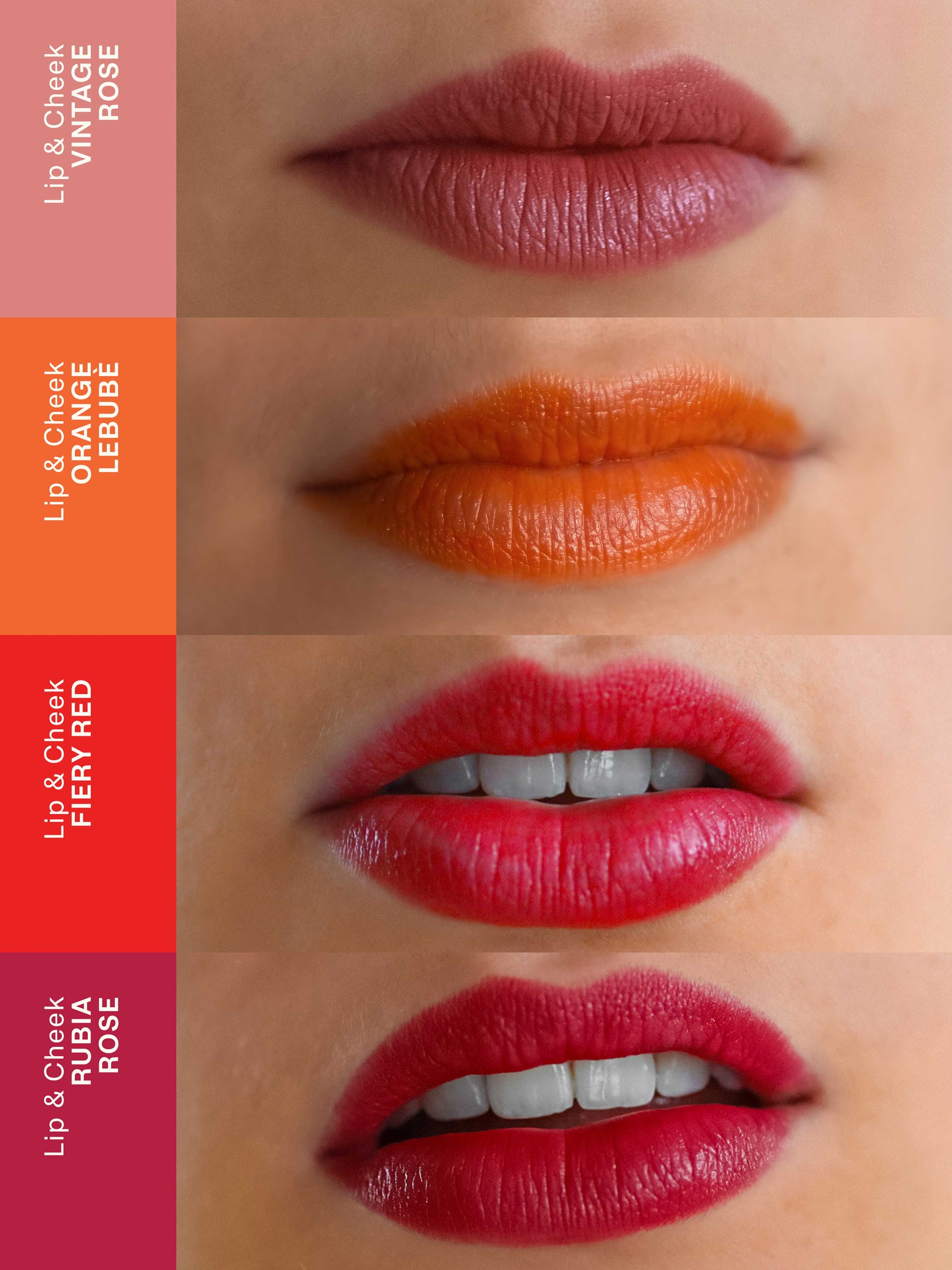 Grid of pictures showing Lebubè Lip and Cheek in four inclusive shades, showcasing the different color options on lips