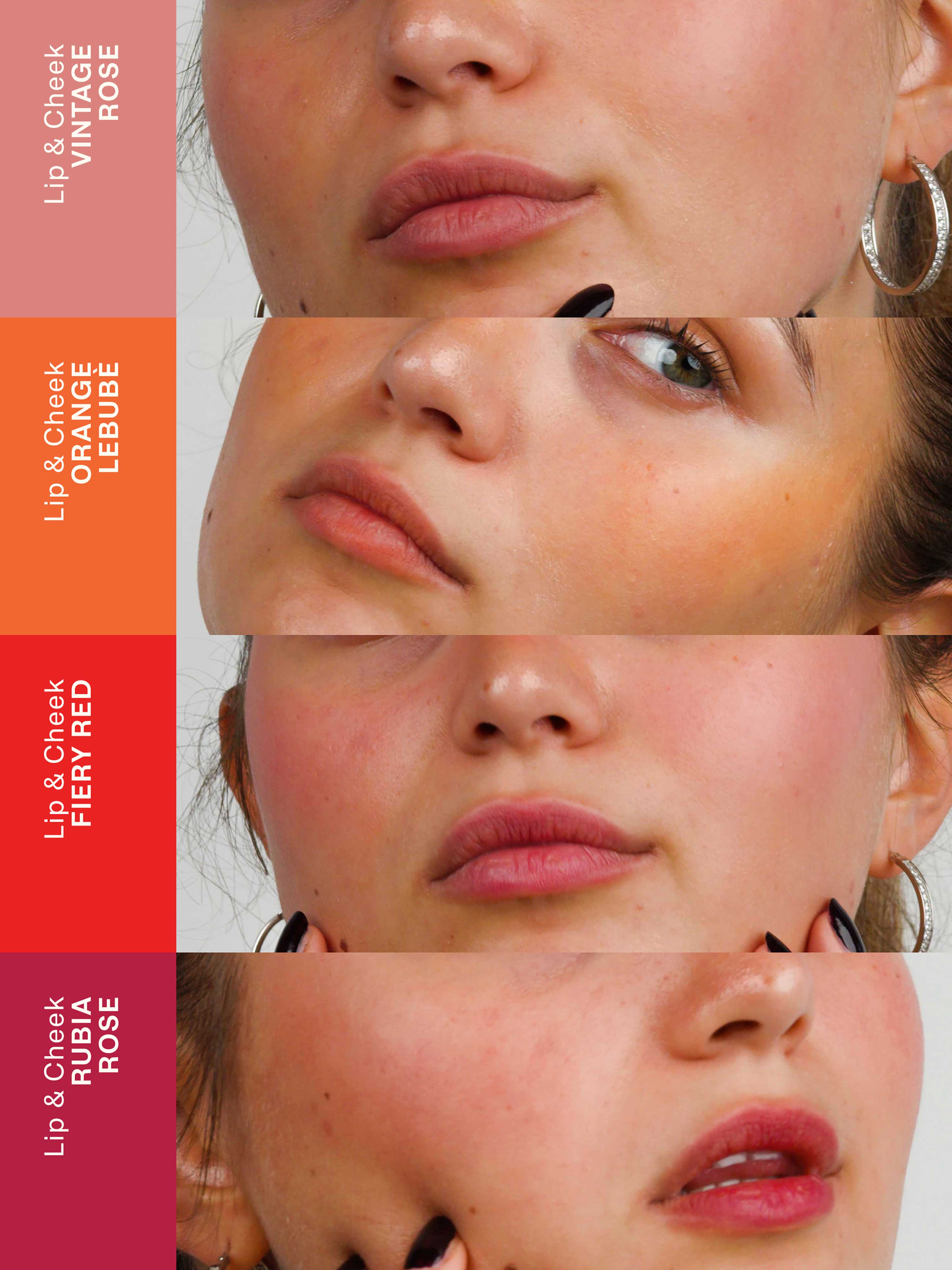 Grid of pictures showing Lebubè Lip and Cheek in four inclusive shades on a model, showcasing the different color options