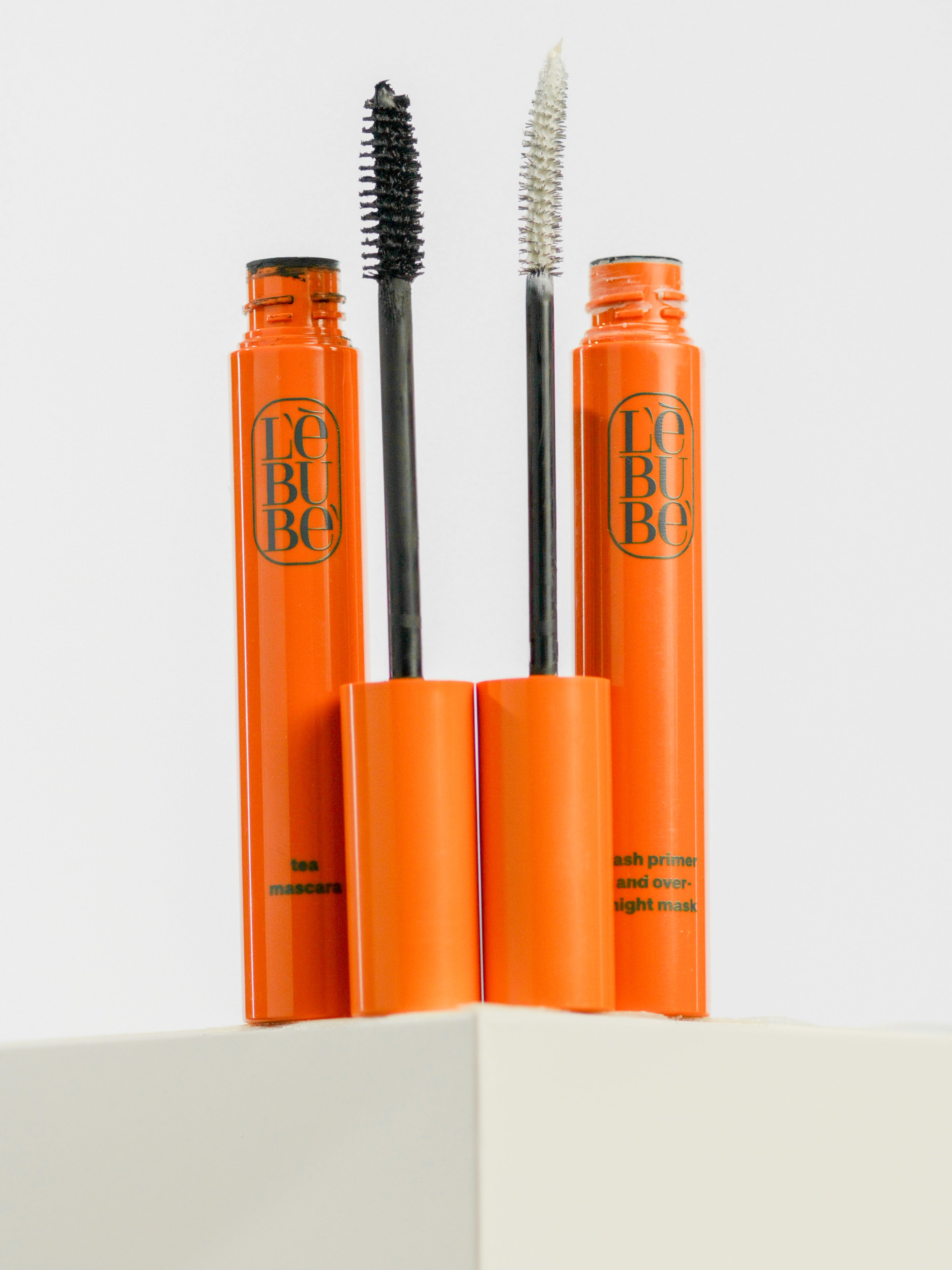 Lebubè Lash Primer and Overnight Mask together with Lebubè Tea Mascara, vegan hybrid cosmetics part of a dedicated eye set.