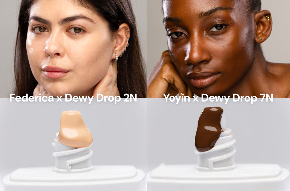 Two women with light and dark skin wearing and holding Lebubè skin tint with sheer to medium coverage with skincare benefits