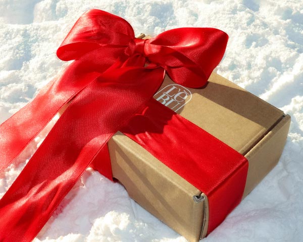 A styled flat-lay of winter snow with a Lebubè gift box and a ribbo, with inside Lebubè's hybrid skincare-infused makeup as a Christmas present