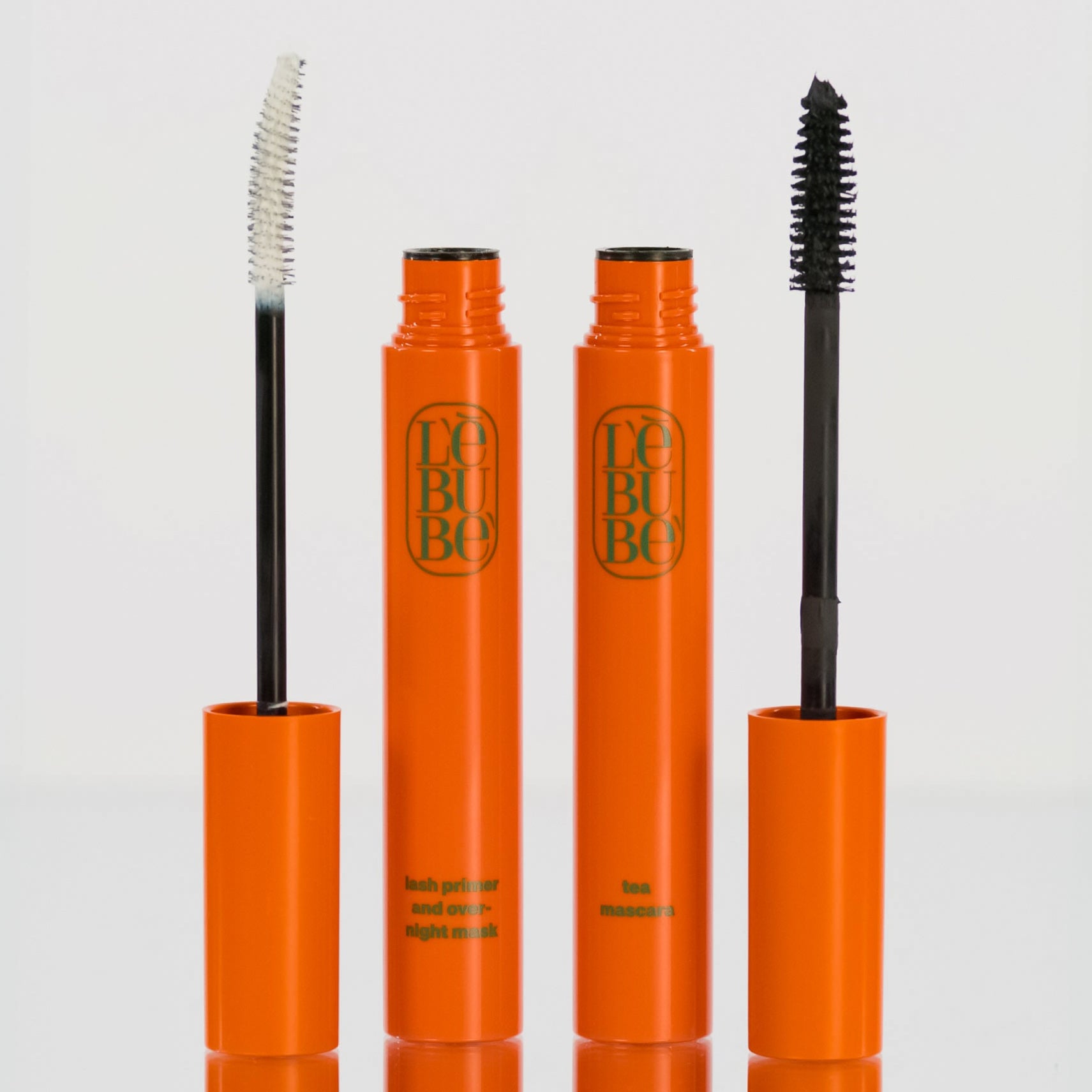 Lebubè Lash Primer and Overnight Mask together with Lebubè Tea Mascara, vegan hybrid cosmetics part of a dedicated eye set.