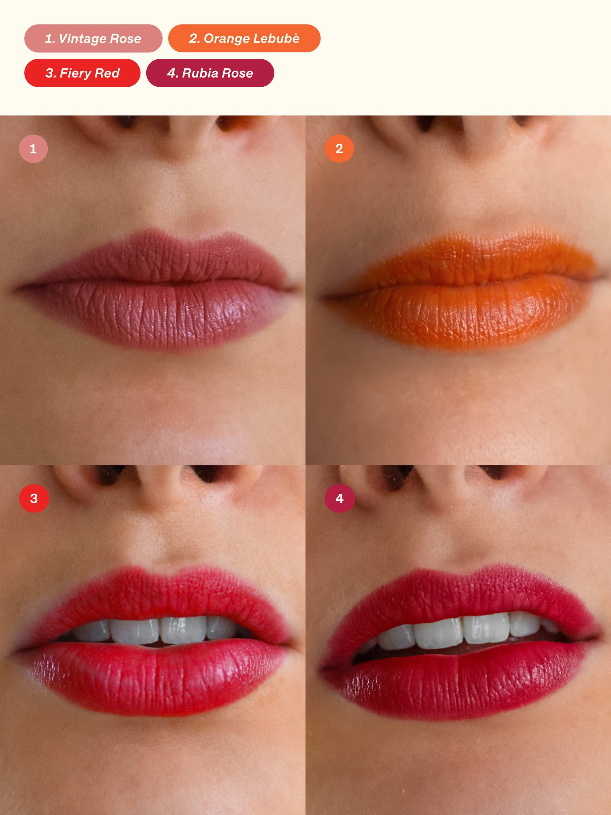 Grid of pictures showing Lebubè Lip and Cheek in four inclusive shades, showcasing the different color options on lips