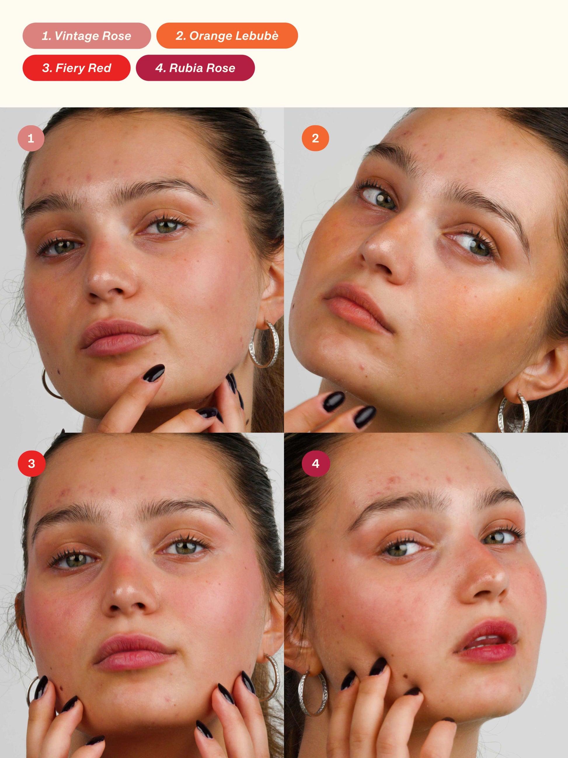 Grid of pictures showing Lebubè Lip and Cheek in four inclusive shades on a model, showcasing the different color options