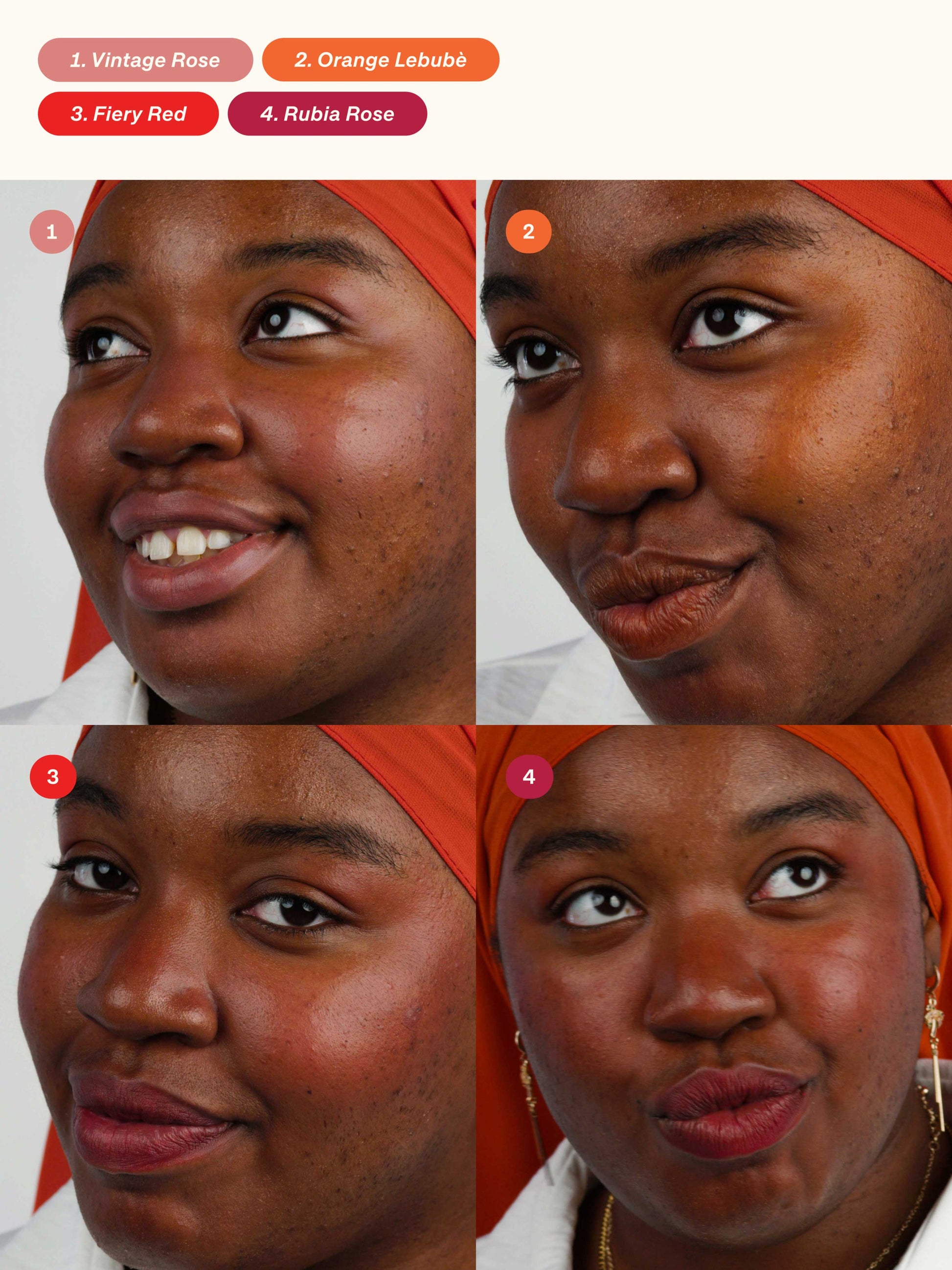 Grid of pictures showing Lebubè Lip and Cheek in four inclusive shades on a model, showcasing the different color options