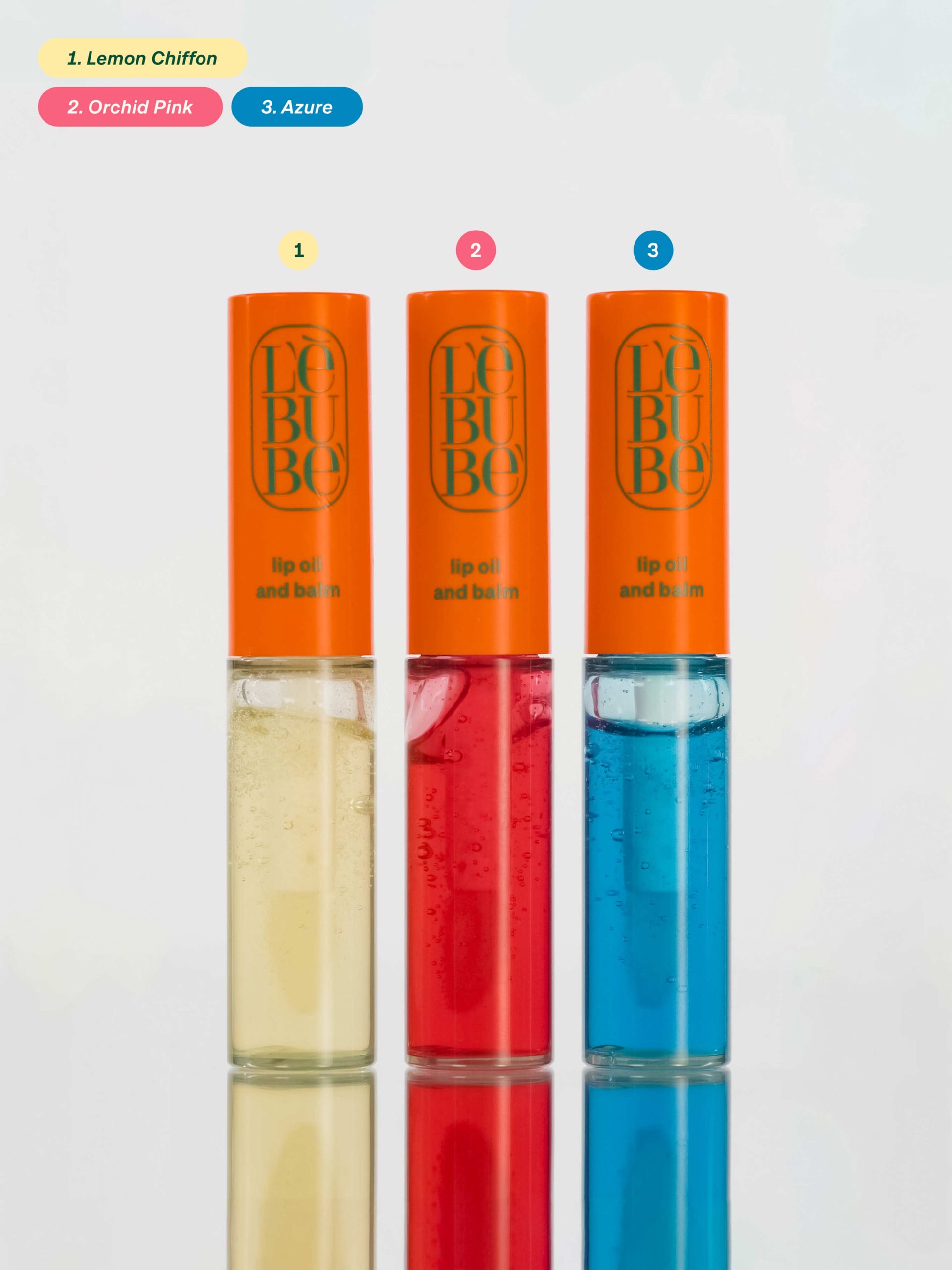 Lebubè Lip Oil and Balm: hydrating lip oil and balm for glossy look. Three shades, front view. From Lebubè hybrid cosmetics.