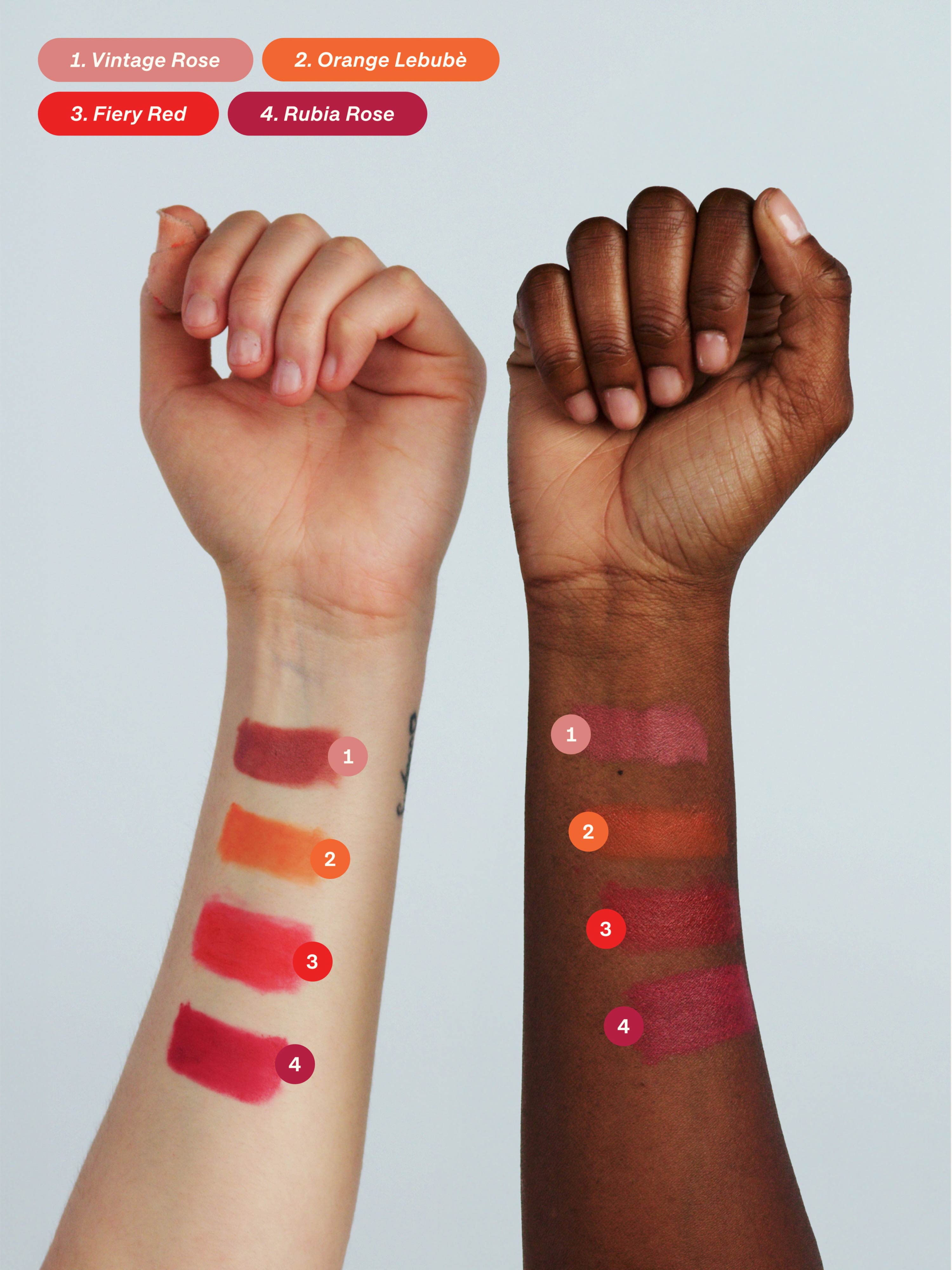 Two arms showing the cream to powder texture and four inclusive shades of Lebubè 2 in 1 natural and vegan lipstick and blush