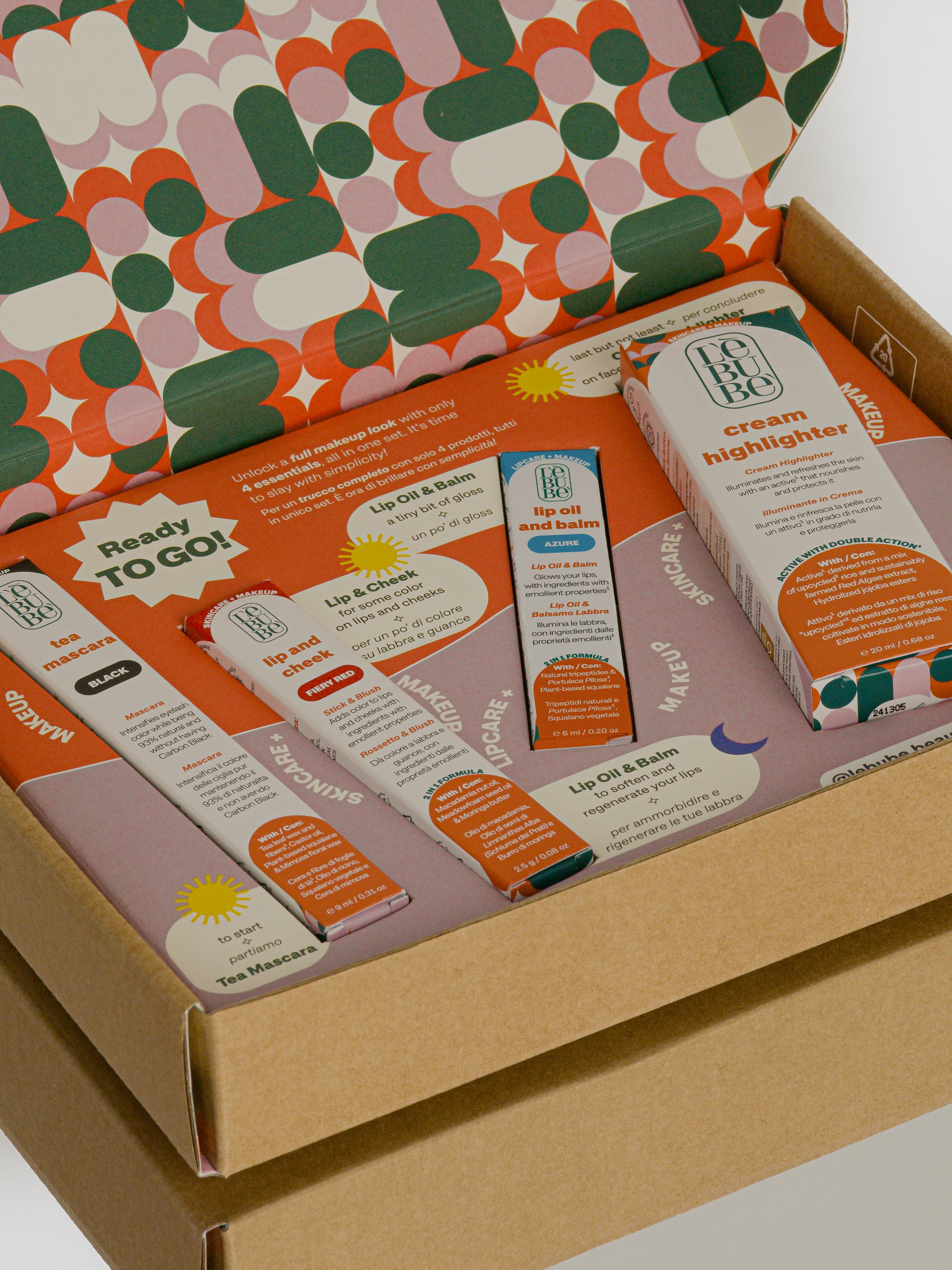 Lebubè full makeup set with four skincare infused makeup essentials, offering hybrid cosmetics for a complete makeup look.