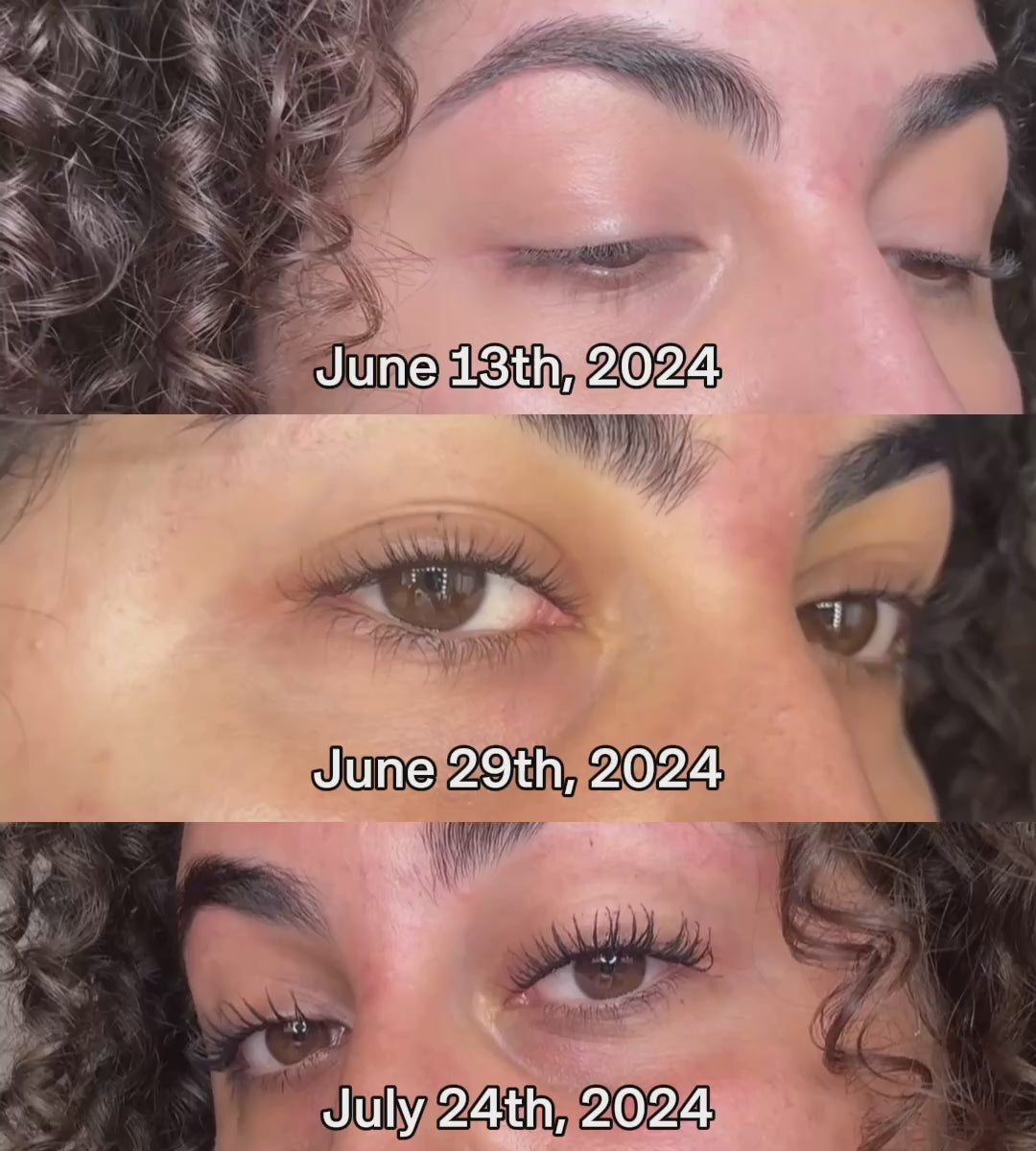 Carica video: 3 clips showing lashes before Lebubè lash growth treatment, after 2 weeks fuller, and after 1 month much fuller and stronger