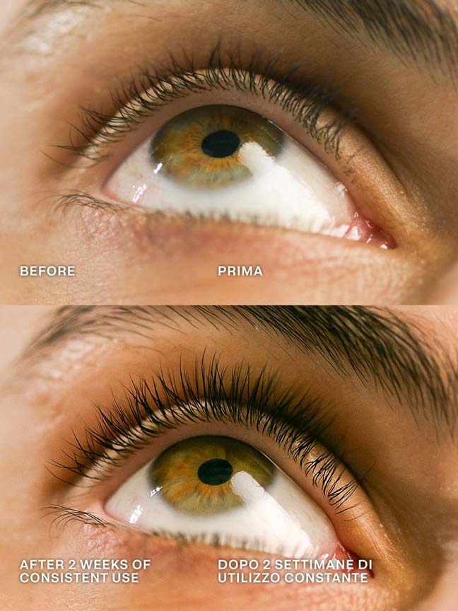 2 pics showing lashes before Lebubè eyelash growth volumizing treatment and after 2 weeks, much fuller and stronger