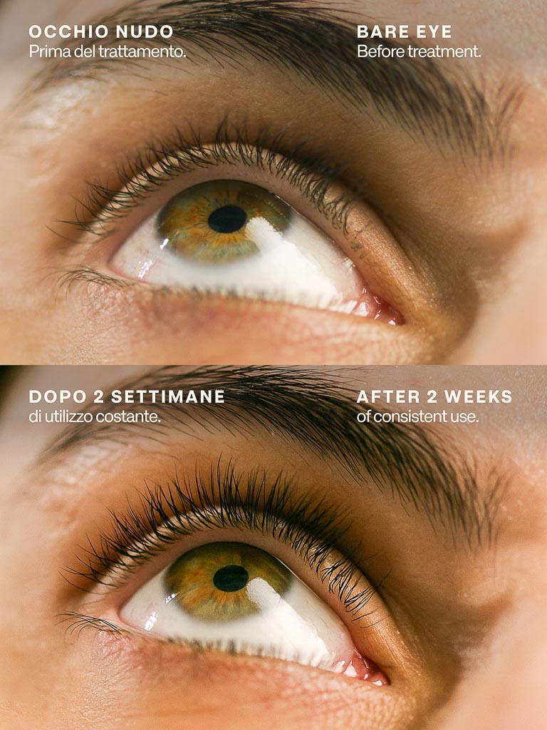 2 pics showing lashes before Lebubè eyelash growth volumizing treatment and after 2 weeks, much fuller and stronger