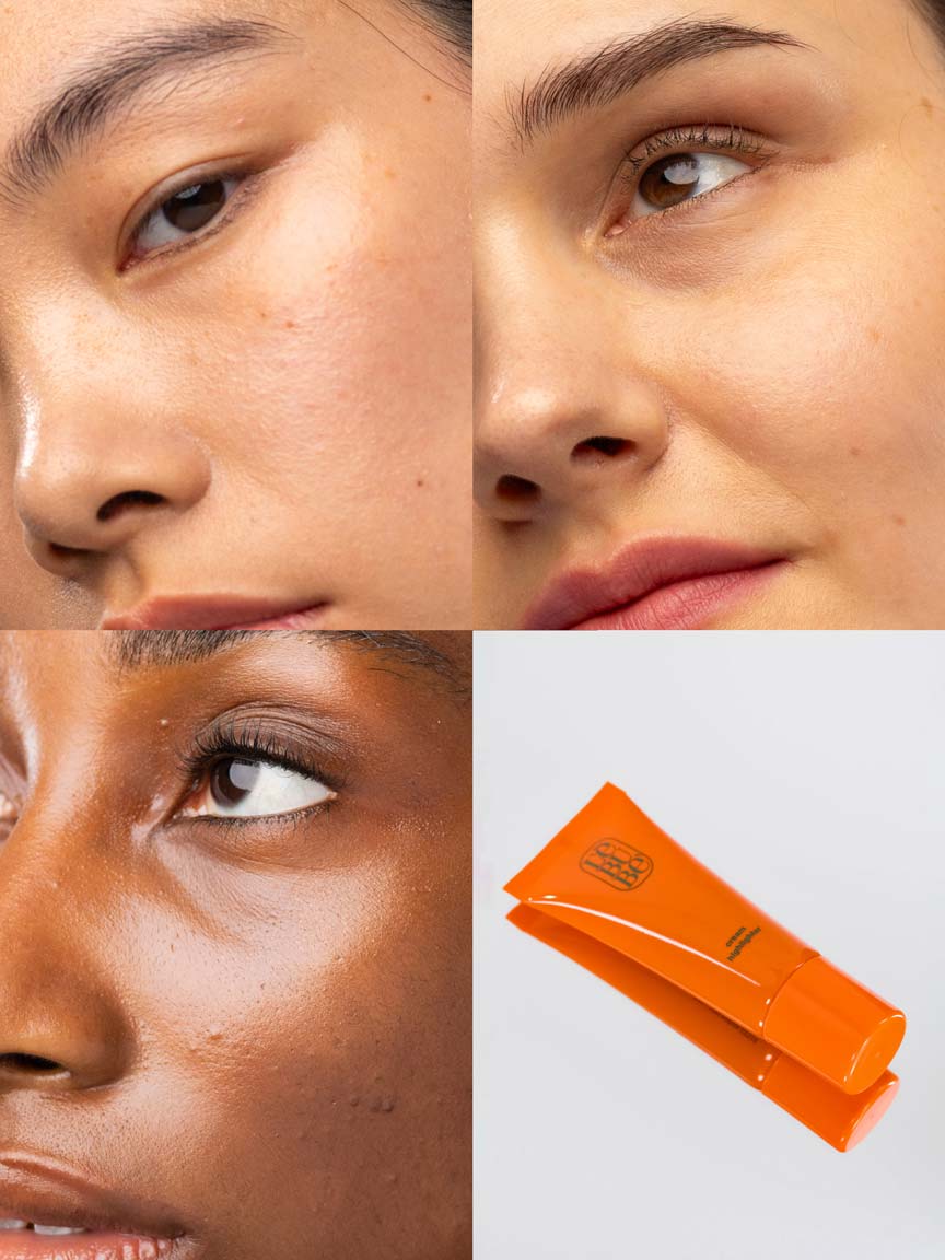 Grid showing the application of Lebubè  glowing and hydrating highlighter on three models' faces, with their skin glowing. From Lebubè natural hybrid cosmetics