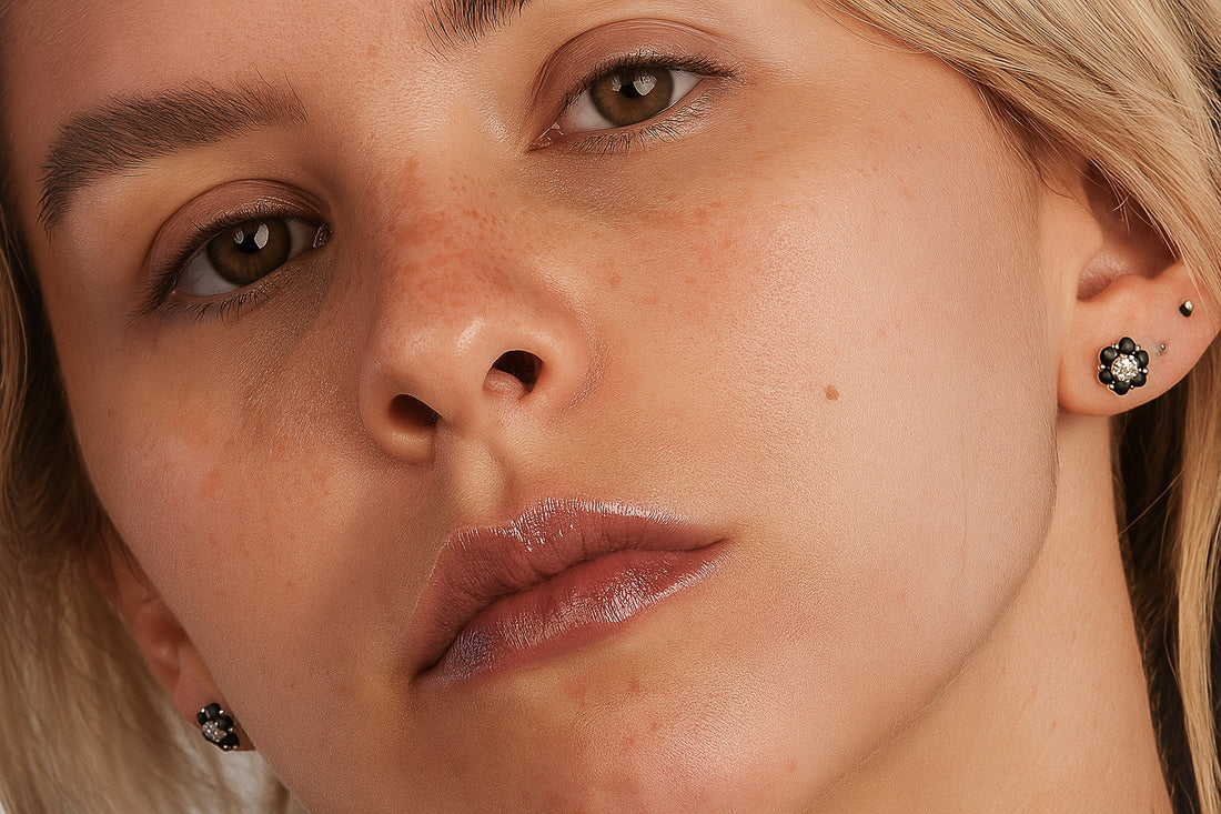 Woman wearing the Enigma shade of the natural hydrating vegan lip gloss from Lebubè vegan, Halal and natural hybrid cosmetics.