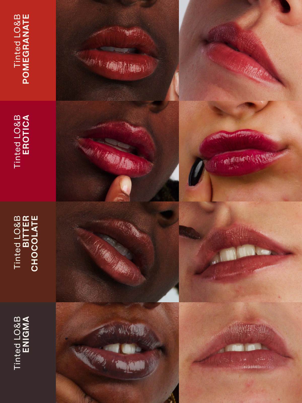 Grid of pictures showing Lebubè Tinted Lip Oil in four inclusive shades on a model, showcasing the different color options