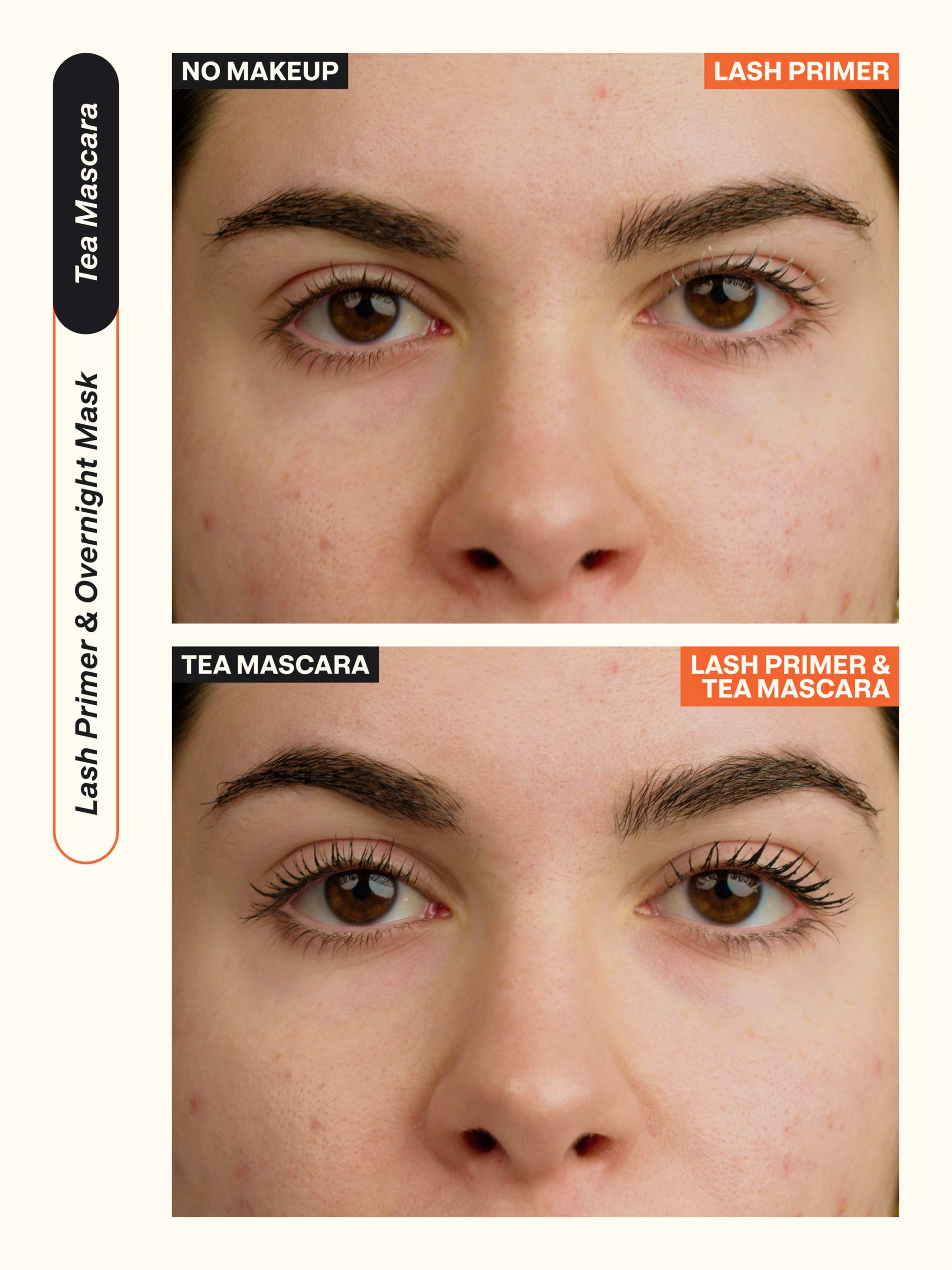 Grid: close-up of eyes in four combinations: no makeup, primer only, mascara only, both primer and mascara for longer lashes.