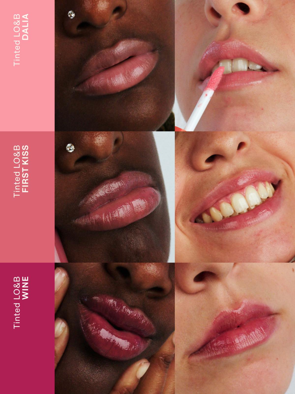 Grid of pictures showing Lebubè Tinted Lip Oil in three inclusive shades on a model, showcasing the different color options