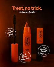 3 Lebubè hybrid cosmetics part of the Halloween bundle: Lip and Cheek, Tinted Lip Oil, volumizing black mascara
