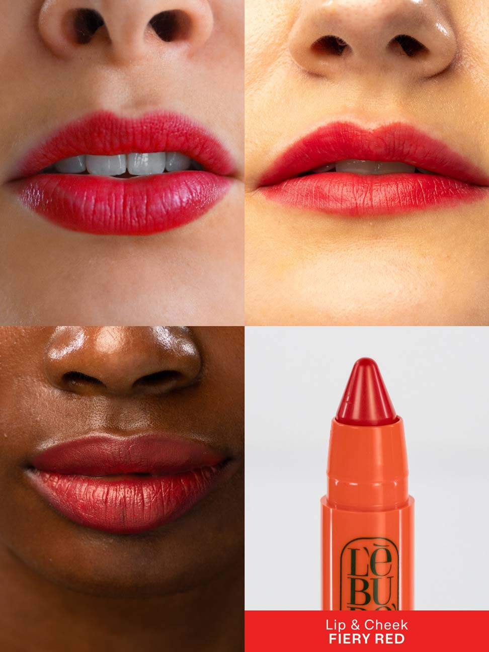 Grid of pictures showing Lebubè Lip and Cheek in Fiery Red on three inclusive model, showcasing the color application on different skin tones