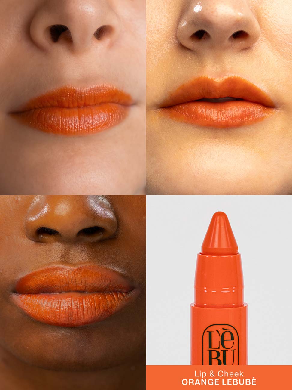 Grid of pictures showing Lebubè Lip and Cheek in Orange Lebubè on three inclusive model, showcasing the color application on different skin tones