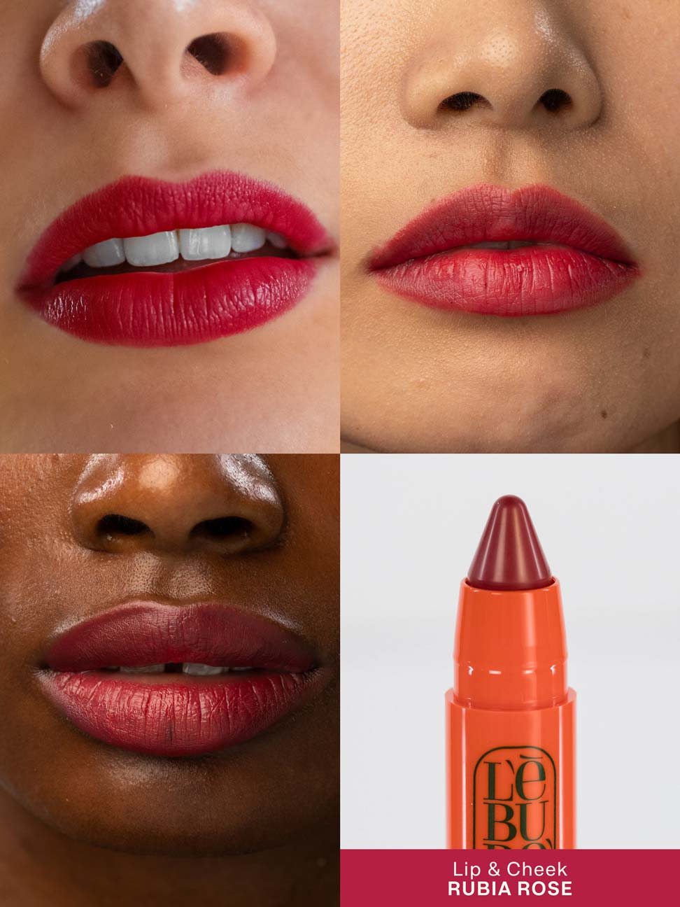 Grid of pictures showing Lebubè Lip and Cheek in Rubia Rose on three inclusive model, showcasing the color application on different skin tones