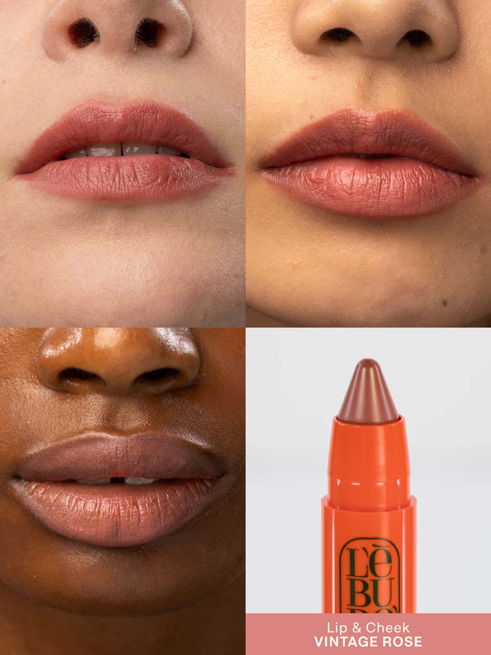 Grid of pictures showing Lebubè Lip and Cheek in Vintage Rose on three inclusive model, showcasing the color application on different skin tones