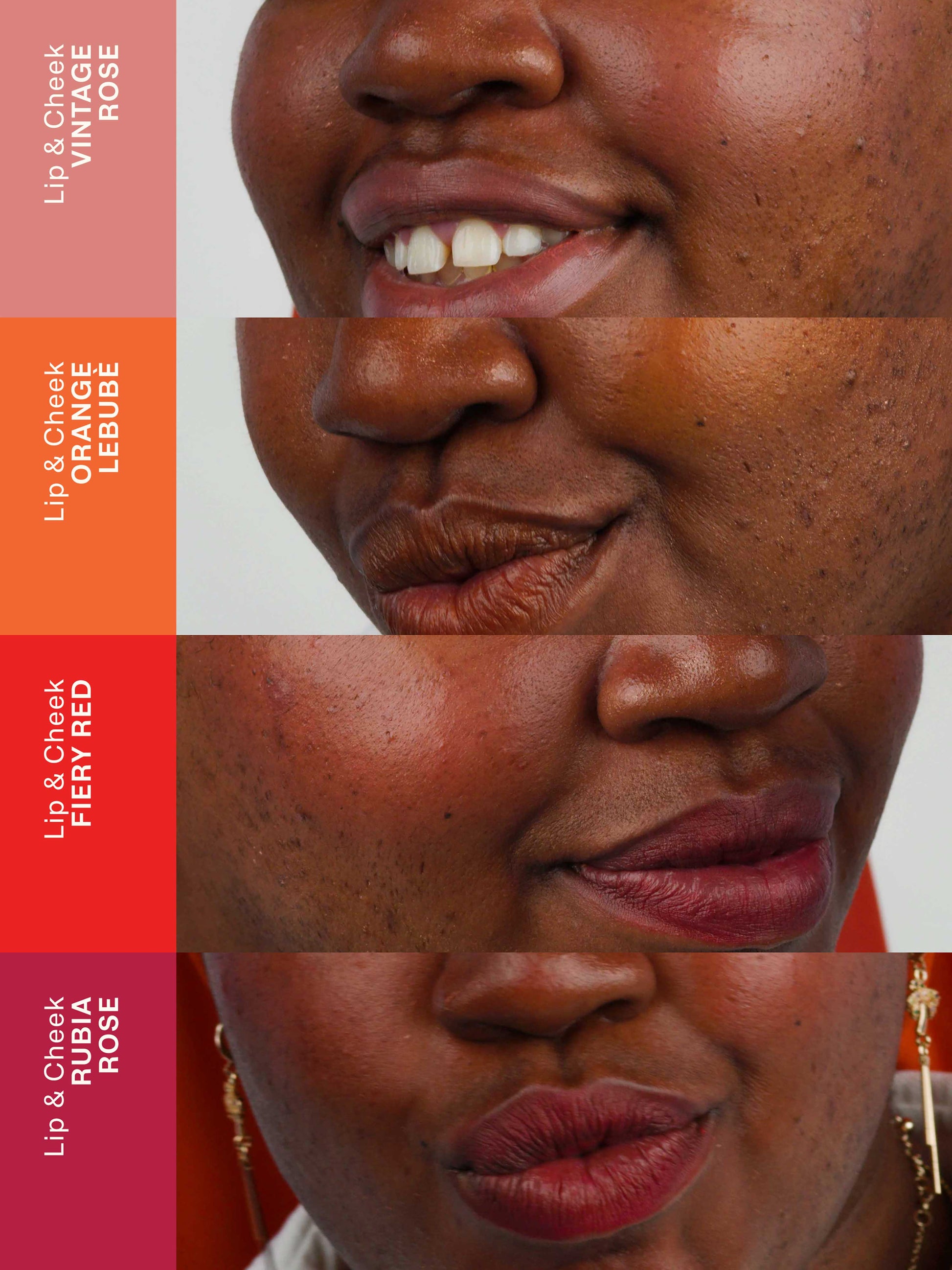 Grid of pictures showing Lebubè Lip and Cheek in four inclusive shades on a model, showcasing the different color options