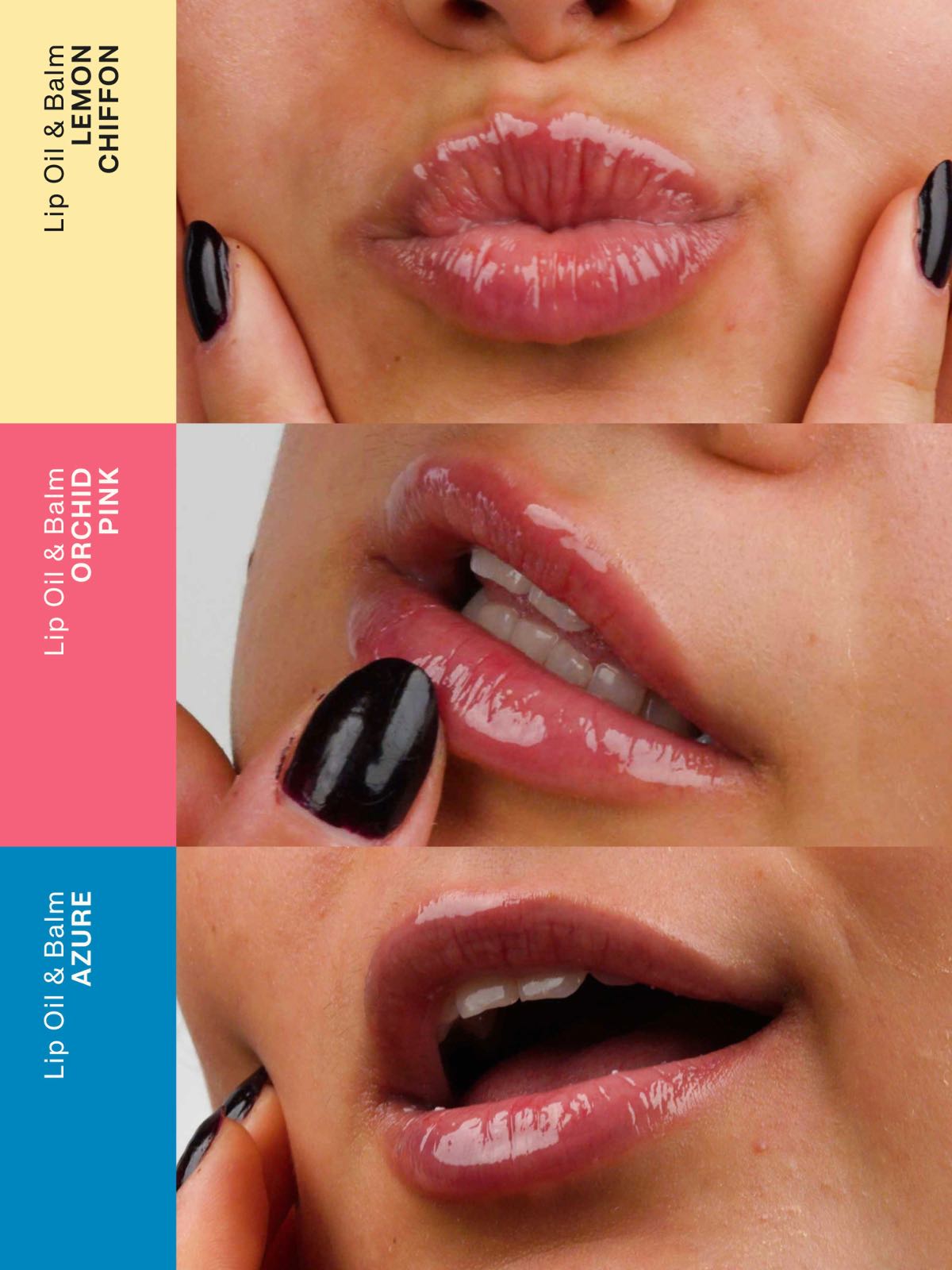 Grid of pictures showing Lebubè Lip Oil and Balm in three inclusive shades on a model, showcasing the different color options