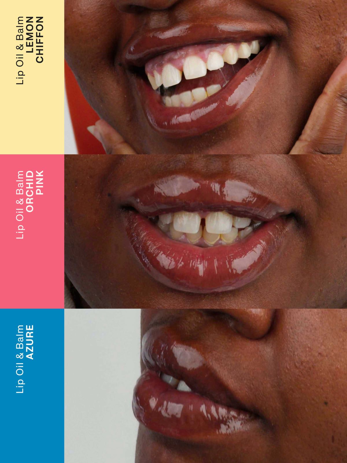 Grid of pictures showing Lebubè Lip Oil and Balm in three inclusive shades on a model, showcasing the different color options