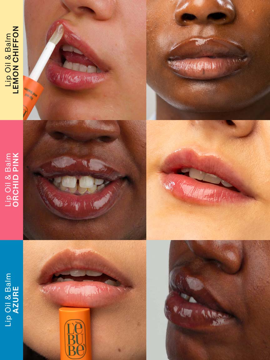 Grid of pictures showing Lebubè Lip Oil and Balm in three inclusive shades on models, showcasing the different color options