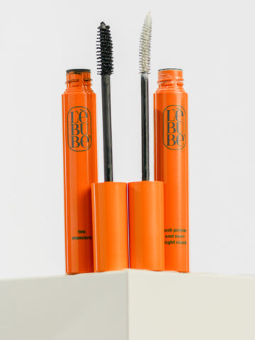 Lebubè Lash Primer and Overnight Mask together with Lebubè Tea Mascara, vegan hybrid cosmetics part of a dedicated eye set.