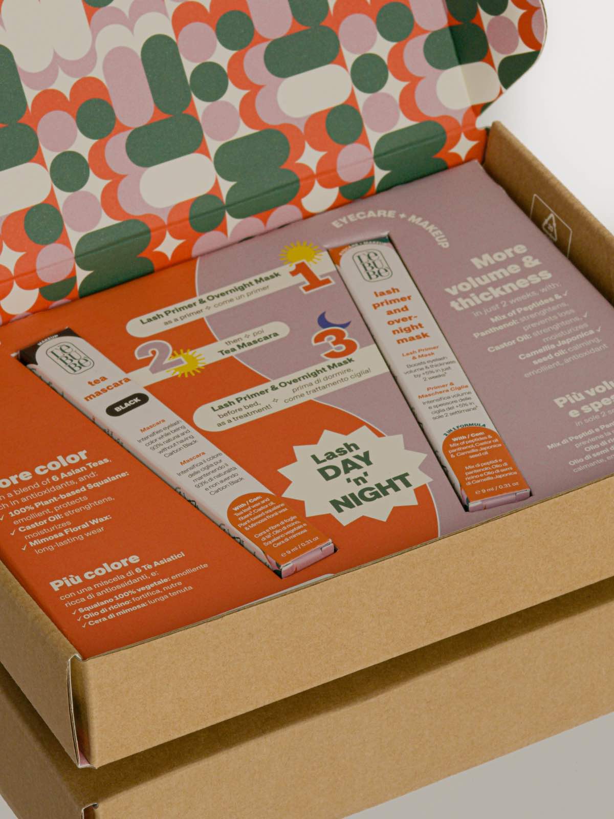 Lebubè lashcare set, with plant based mascara for natural look and lash primer for lash volume boost and lashcare treatment.