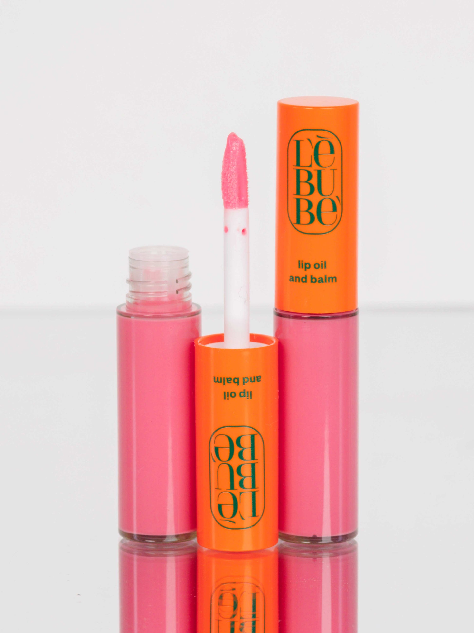 Lebubè Tinted Lip Oil and Balm: zoomed-in front view of Dalia shade. Hydrating tinted lip treatment with hyaluronic acid