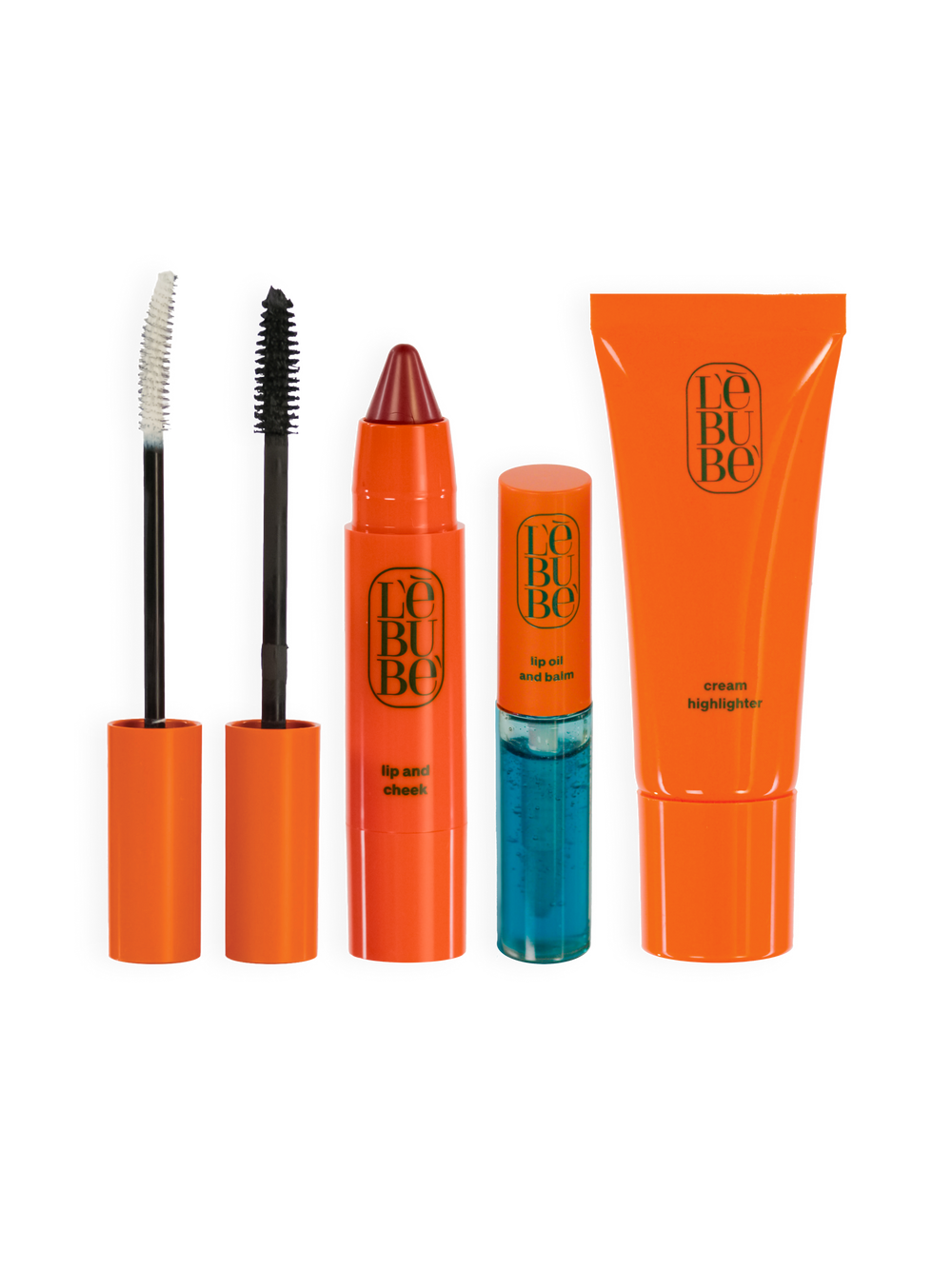 Lebubè vegan hybrid cosmetics: volumizing mascara, lash growth treatment, lip and cheek, lip oil, hydrating cream highlighter