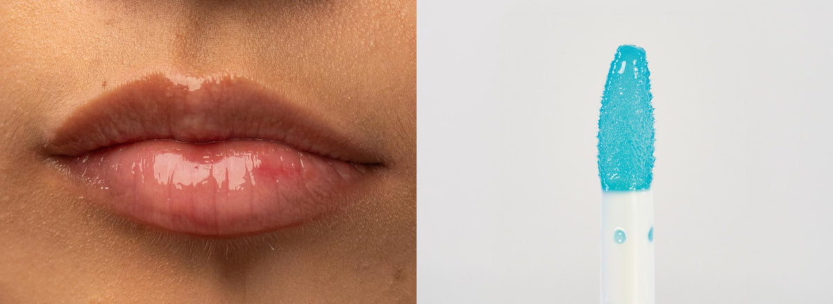 Lips with Lebubè hydrating lip gloss, oil and balm for a natural and glossy look. perfect for winter. From Lebubè vegan Halal hybrid cosmetics.