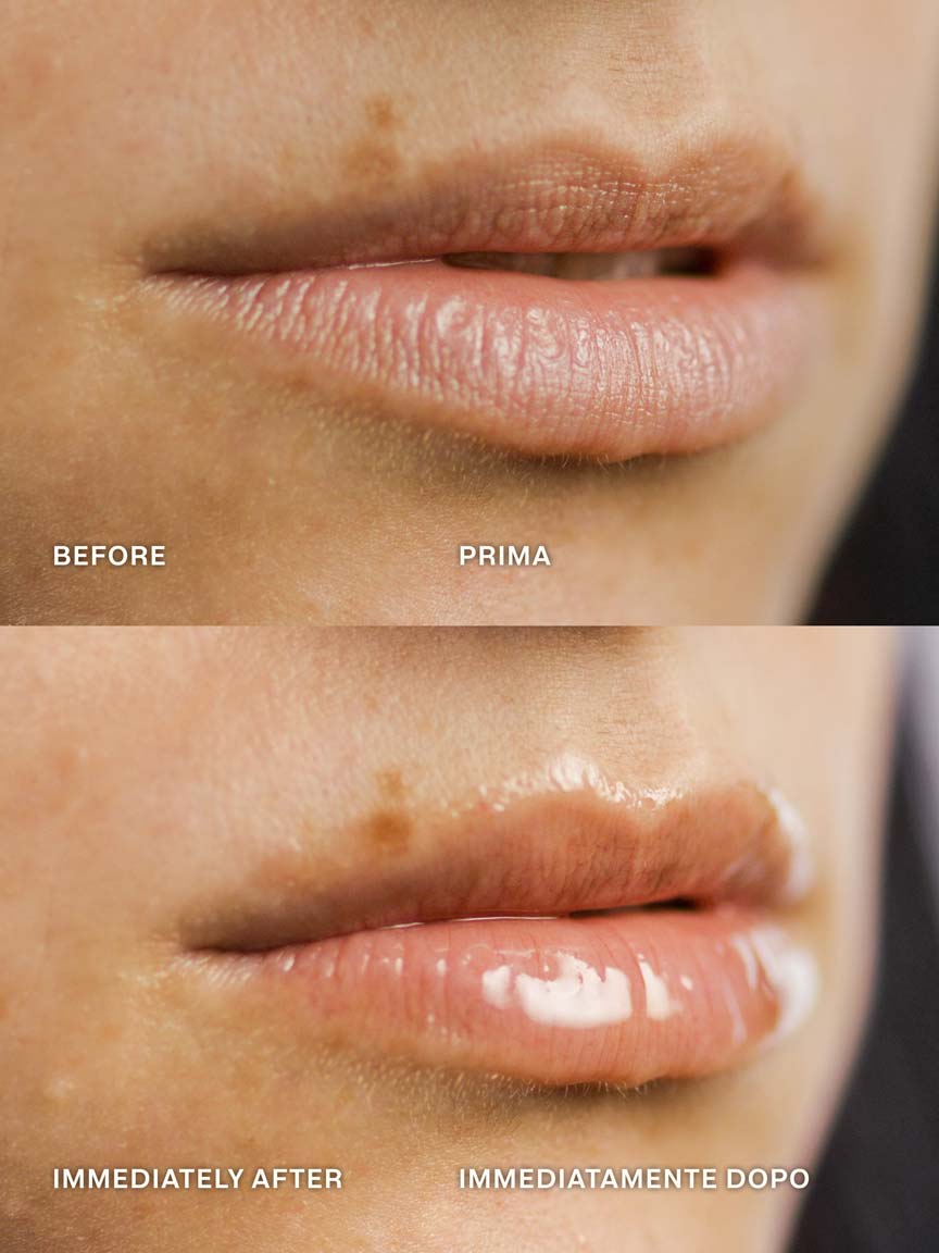 Before and after closeup of lips showing Lebubè Lip Oil and Balm hydrating lip treatment application. The top panel shows natural lips, the bottom panel shows glossy, fuller-looking lips
