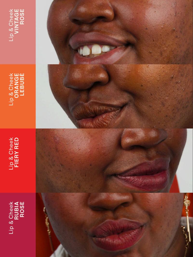 Grid of pictures showing Lebubè Lip and Cheek in four inclusive shades on a model, showcasing the different color options