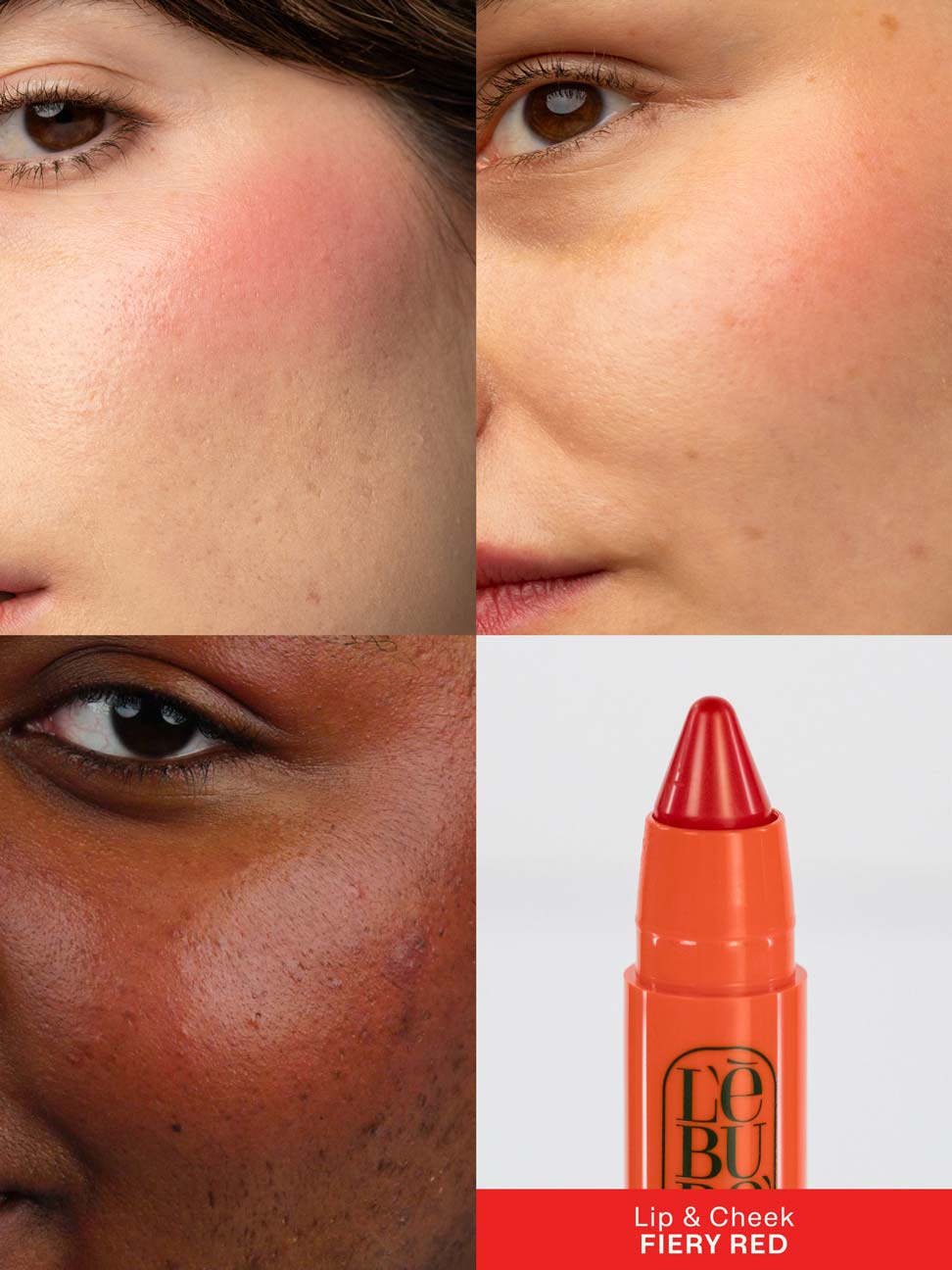 Grid of pictures showing Lebubè Lip and Cheek in Fiery Red on three inclusive model, showcasing the color application on different skin tones