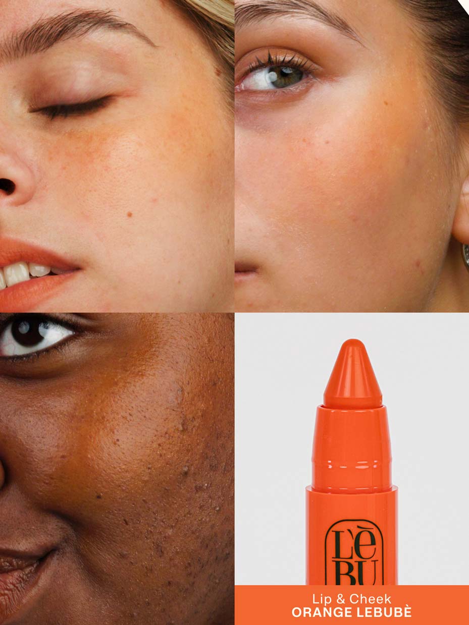 Grid of pictures showing Lebubè Lip and Cheek in Orange Lebubè on three inclusive model, showcasing the color application on different skin tones