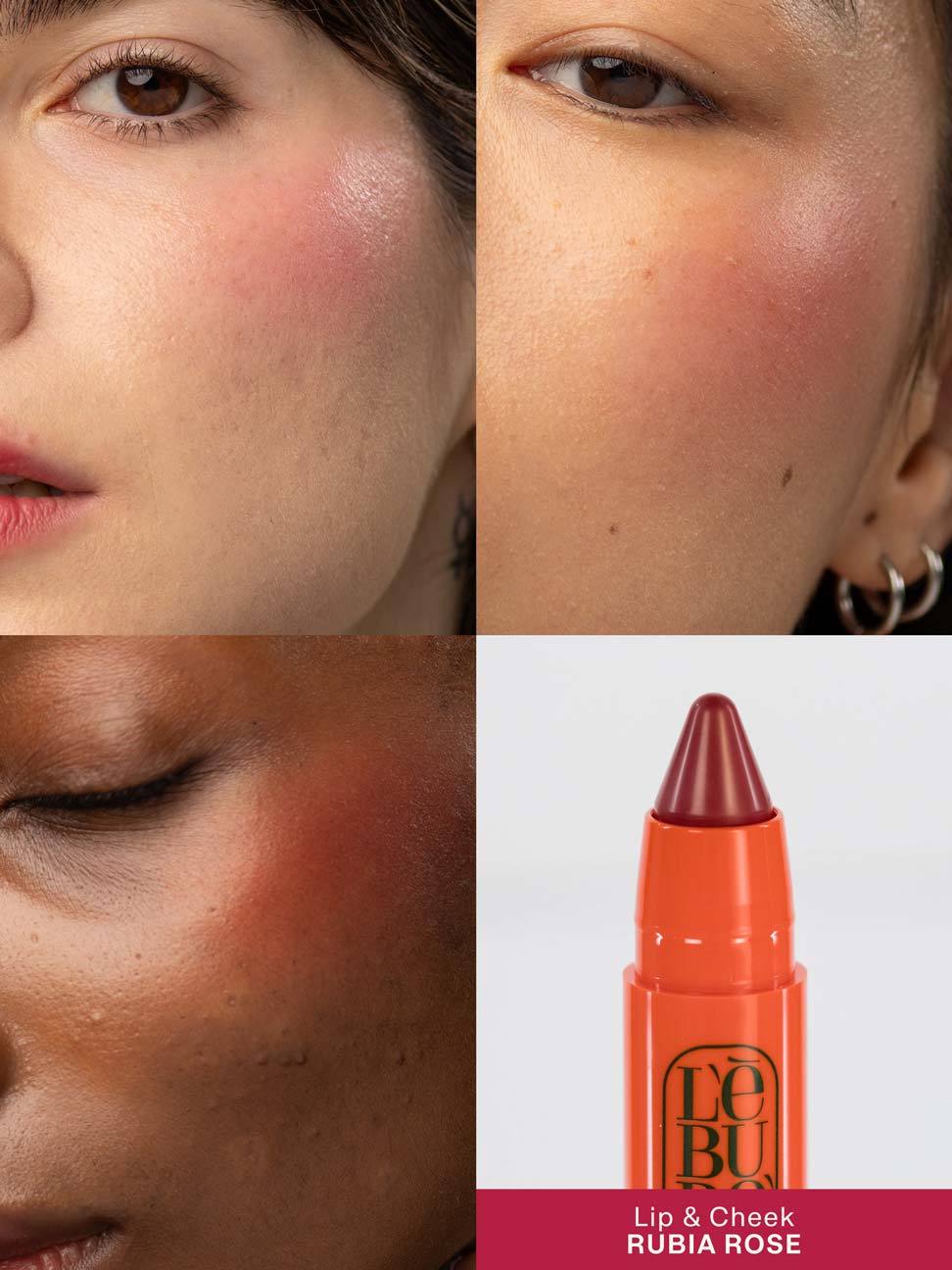 Grid of pictures showing Lebubè Lip and Cheek in Rubia Rose on three inclusive model, showcasing the color application on different skin tones