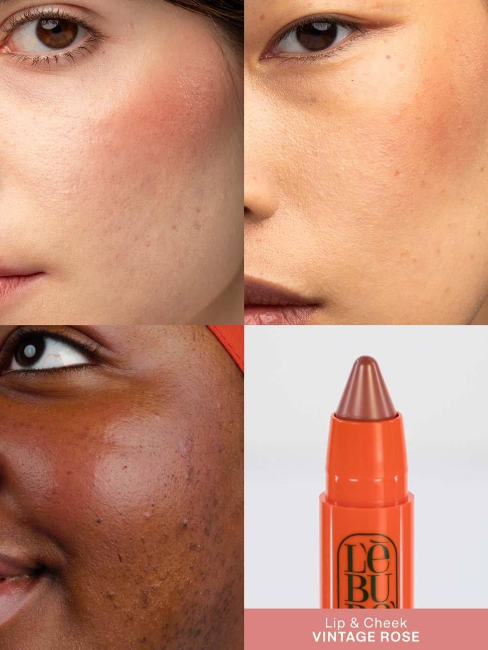 Grid of pictures showing Lebubè Lip and Cheek in Vintage Rose on three inclusive model, showcasing the color application on different skin tones
