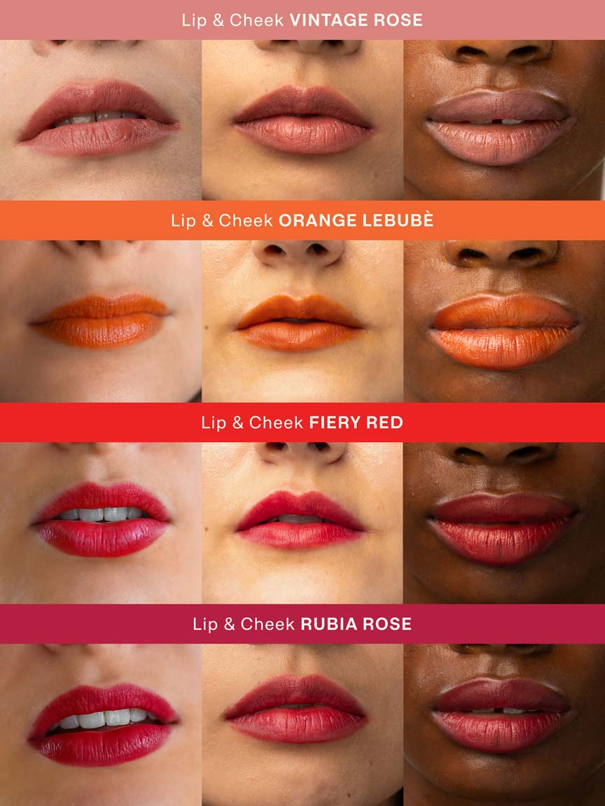 Grid of pictures showing Lebubè Lip and Cheek in four inclusive shades, showcasing the different color options on lips